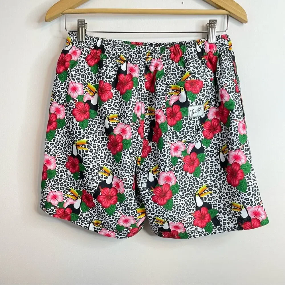 Franks Broadbeach Quick dry Tropical Toucan floral leopard swim trunks shorts M